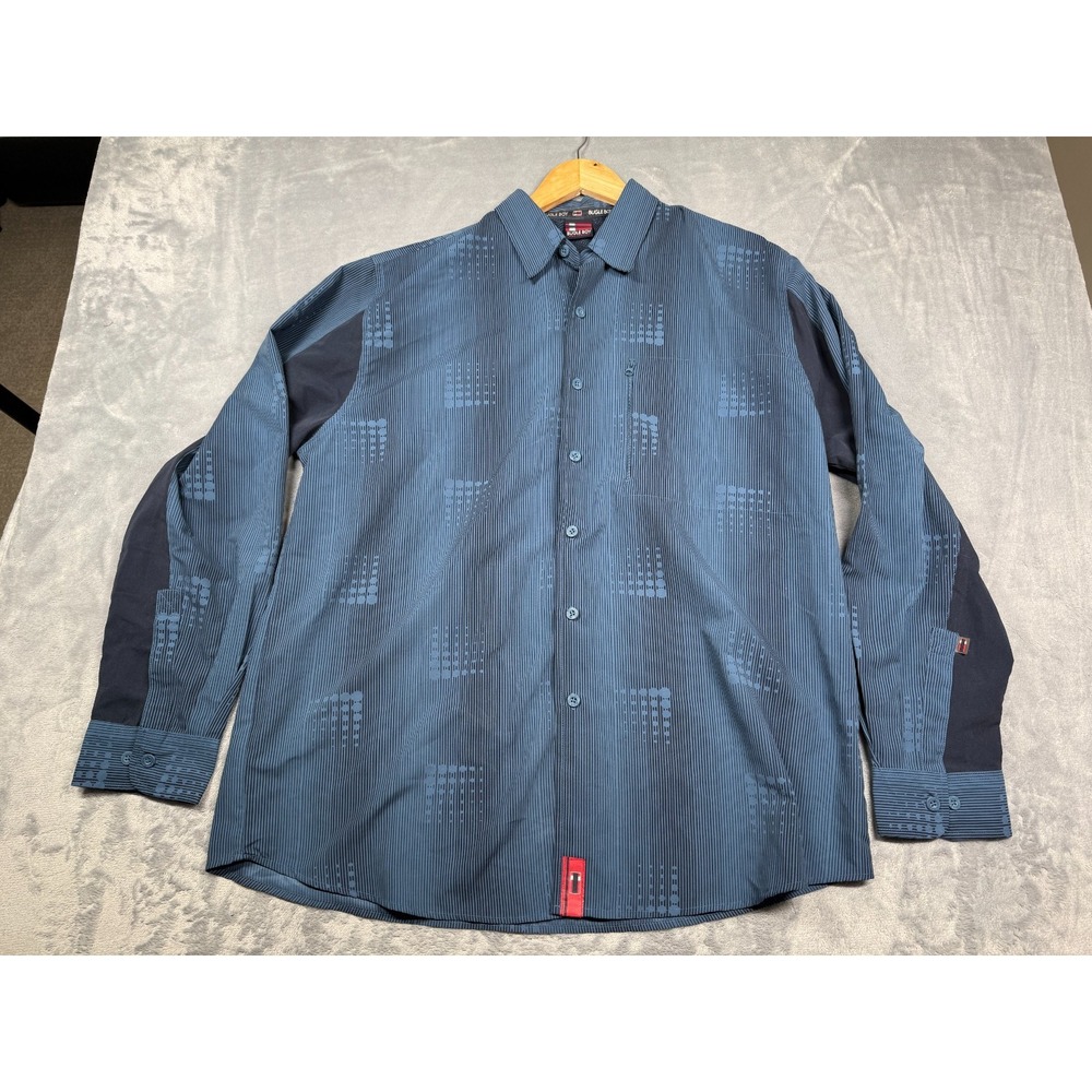 Bugle Boy Mesh Vented Shirt Mens Large Navy Geometric Logo Microfiber Button-Up